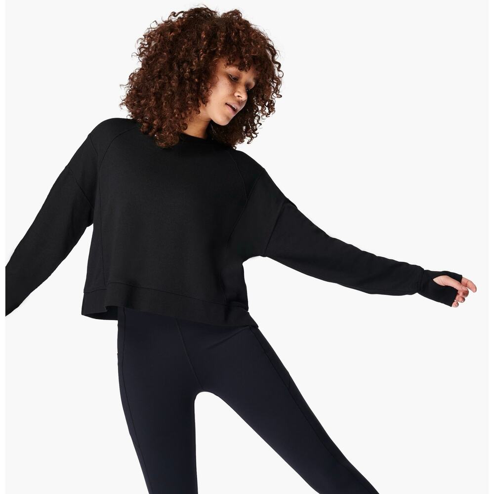 Sweaty Betty After Class Black Crop Sweatshirt Thumbhole Crewneck M